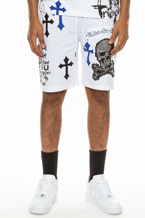 Bejewelled Chrome Skull Cotton-Blend Shorts